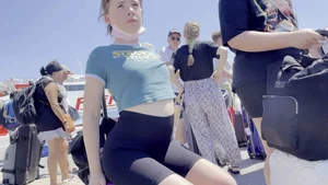 Candid teen girl in spandex shorts and a top street photos