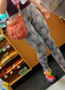 Sexy blonde with a nice ass in unique patterned leggings
