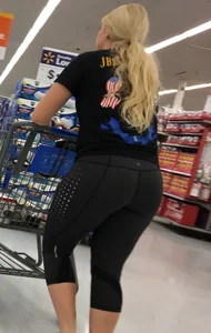 PAWG blonde shopping at Walmart in tight grey leggings