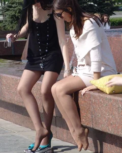 Candid Shoeless Girls in Dresses and Pantyhose at the Fountain