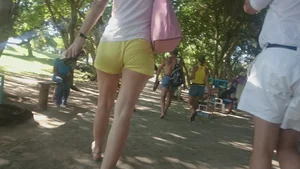 Milf in yellow shorts with vpl and a wedgie