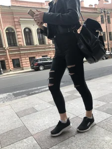 Candid Legs in Black Torn Skinny Jeans Street Creepshots