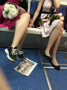 Girls in Dresses with Skinny Legs Subway Train Candid Photos