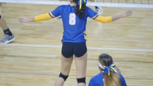 Pretty and sexy brunette college girl in spandex shorts playing volleyball