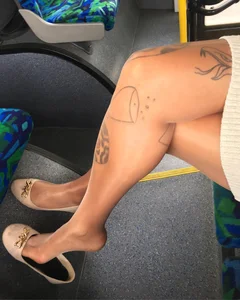 Hot tattooed legs in pantyhose and feet in flats (shoe dangle) street and bus closeups