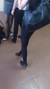 Candid College Teen in a Tight Short Dress, Black Pantyhose And Stiletto Shoes