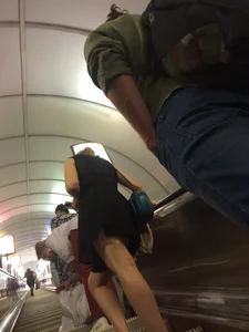 Girl in See-Through Dress, Shorts and Sandals Subway Train and Escalator Candid