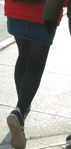 Girl out in denim skirt and tight stockings with nice legs