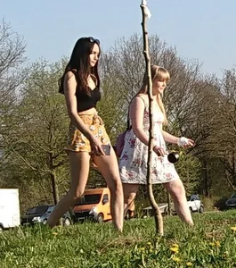 Talking to two cute candid German girls in shorts