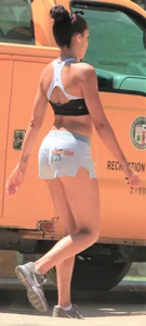 Ebony babe in Hooters shorts out for a run and walk