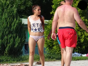 Hot chick with a nice ass at the pool in a white see through thong