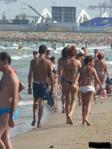 Bunch of sexy babes at the beach in thong bikinis