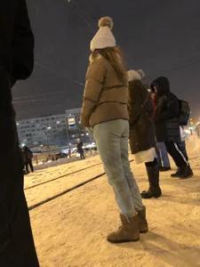 Cute Candid Girl in Pants Getting On a Tram Winter Creepshots, Nice Booty Closeups
