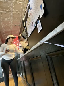 Big ass girl In tights at cafe