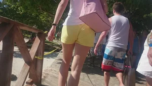 Milf in yellow shorts with vpl and a wedgie
