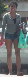Black booty in denim shorts with slight vpl