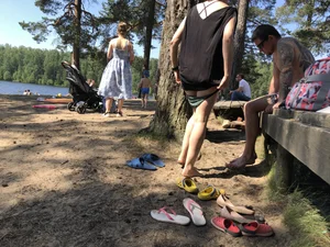 Candid Girl Putting On Swimsuit and Undressing at the Forest Lake Beach Gallery