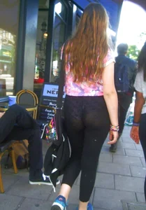 See through leggings girl with a nice ass and purple patterned panties