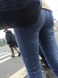 Sexy Little Booty And Long Skinny Legs in Tight Blue Jeans City Crosswalk Creepshots Collection