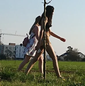 Talking to two cute candid German girls in shorts