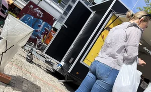 Cute blonde in tight blue jeans