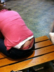 Whaletail Creepshot of a Girl Bending Over While Sitting on the Bench