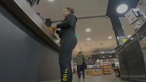 Sexy babe grocery shopping in leggings with a hot big booty
