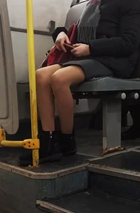 Teen’s Skinny Legs in Pahtyhose in a Public Bus