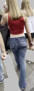 Cute blonde tight jeans red croptop