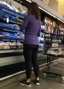 Big boobed brunette in leggings grocery shopping with a nice ass too