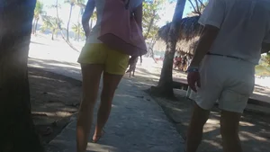 Milf in yellow shorts with vpl and a wedgie