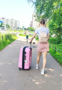 Cute Girl with Large Suitcase Street Candid Photos