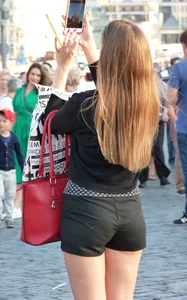 Girl in Mini Shorts on High Heels City Candid