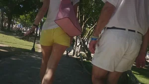 Milf in yellow shorts with vpl and a wedgie