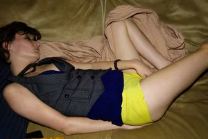 Sleeping Skinny Milf in Yellow Mini Shorts Creepshot