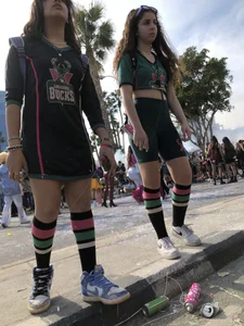 Teen girls in uniform - shorts, knee socks and fishnet pantyhose street creepshots