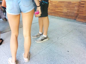 Perfect Long And Skinny Candid Legs And Booty in Blue Shorts Street Creepshots