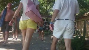 Milf in yellow shorts with vpl and a wedgie
