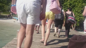 Milf in yellow shorts with vpl and a wedgie