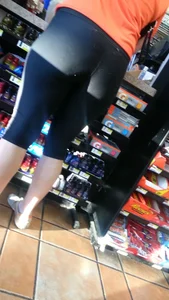 Big booty blonde checking out at a gas station