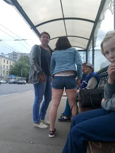 Chubby Milf at the Bus Stop in Denim Mini Shorts