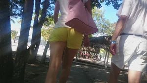Milf in yellow shorts with vpl and a wedgie