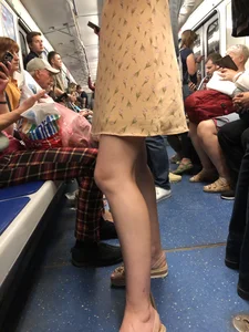 Cute Girl in a Dress with Skinny Legs in Sandals Subway Train Candid Photo