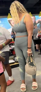 Plump Dumpy Blonde MILF in turquoise two-piece Spandex