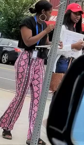 Ebony babes in pink patterned and black leggings with nice asses