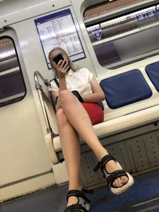 Girl in Sandals and Red Skirt With a Tattoo on Her Leg Hot Subway Train Creepshots