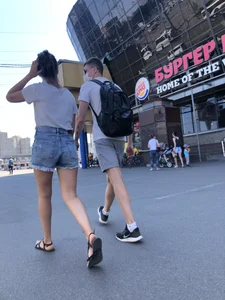 Nice Legs in Denim Shorts and Feet in Sandals Street Creepshots
