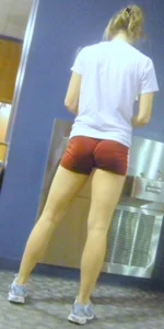 Red shorts and a tasty-looking cameltoe from the back
