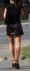 Street Candid Mature With Sexy Legs in Leather Skirt in High Heels