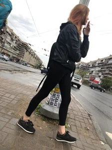 Cute Smoking Girl in Black Tights on the Crosswalk Creepshots Collection
